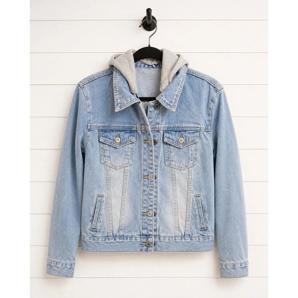 M Removable Hood Light Wash Denim Jacket Gray Hoodie Layered Trucker Style
